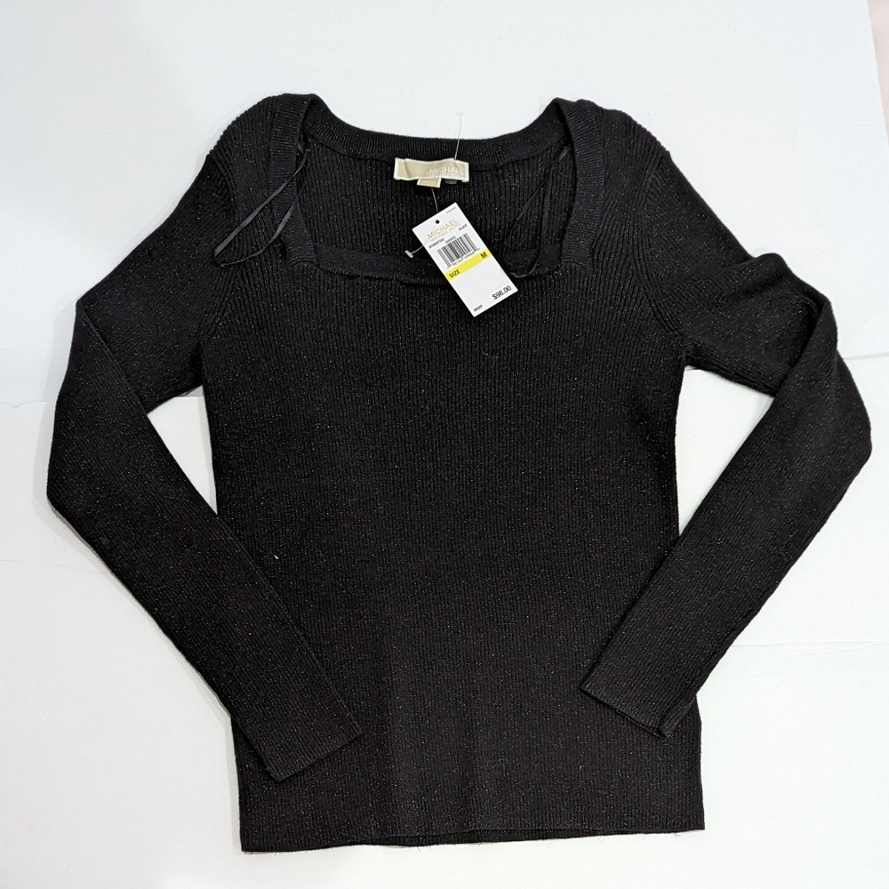 NWT MICHAEL KORS Shimmer Black Ribbed knit Square Neck Sweater Size M 2